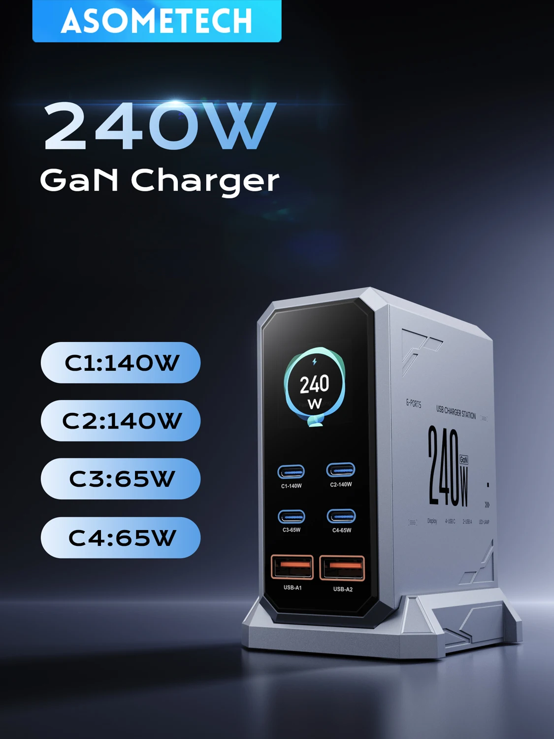 Stacja ładowania ASOMETECH 240W GaN 140W PD3.1 PPS USB Type C z wyświetlaczem cyfrowym, szybka ładowarka do iPhone 17 16 15 Pro Max, MacBook, iPad, laptopów Samsung — 2