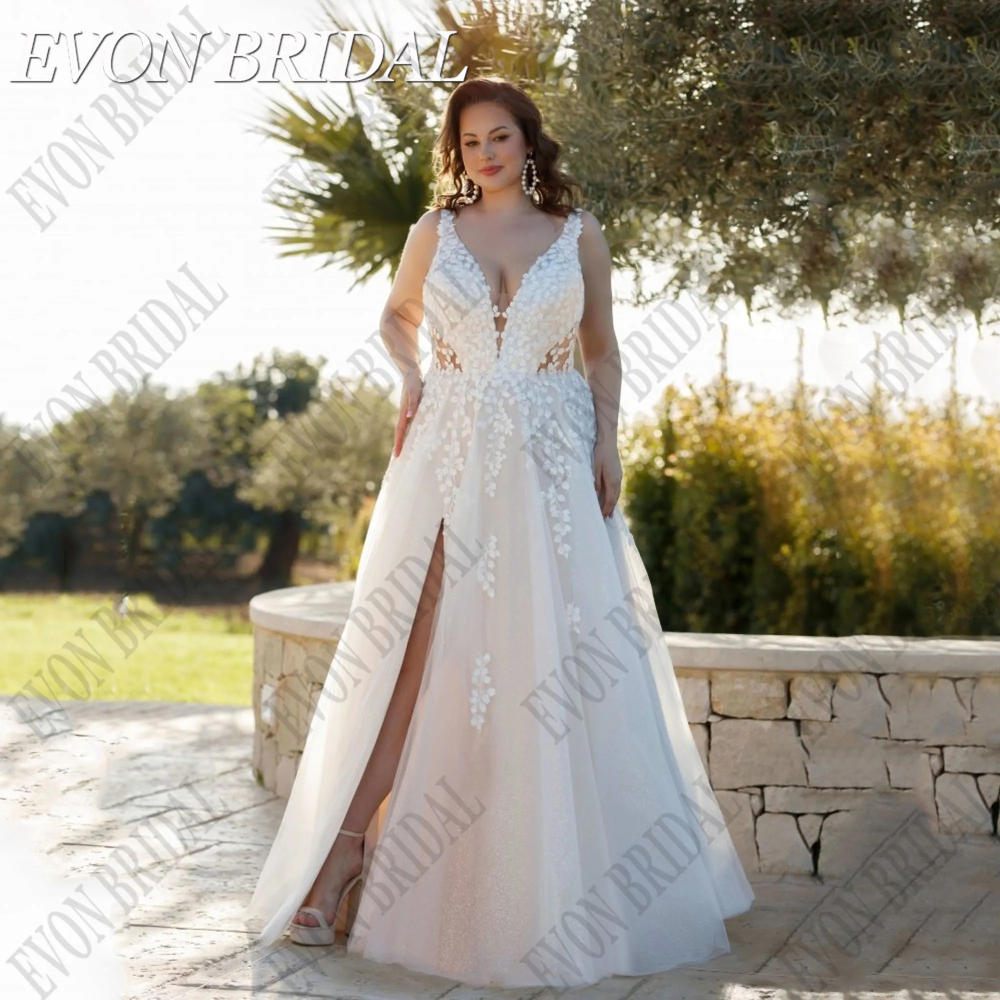 

EVON BRIDAL Customized V Neck Sleeveless Boho Wedding Dress Plus Size Lace Bridal Gown Side Split Pocket Tulle robe de mariée