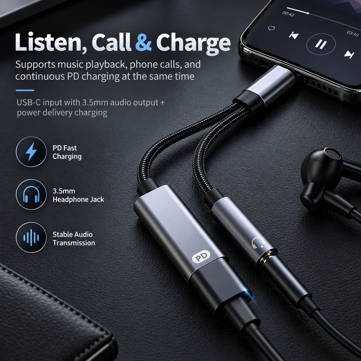 USB C to 3.5mm Headphone and Charger Adapter,2 in-1 USB C PD 3.0 Charging Port to Aux Audio Jack and Fast Charging Dongle Cable