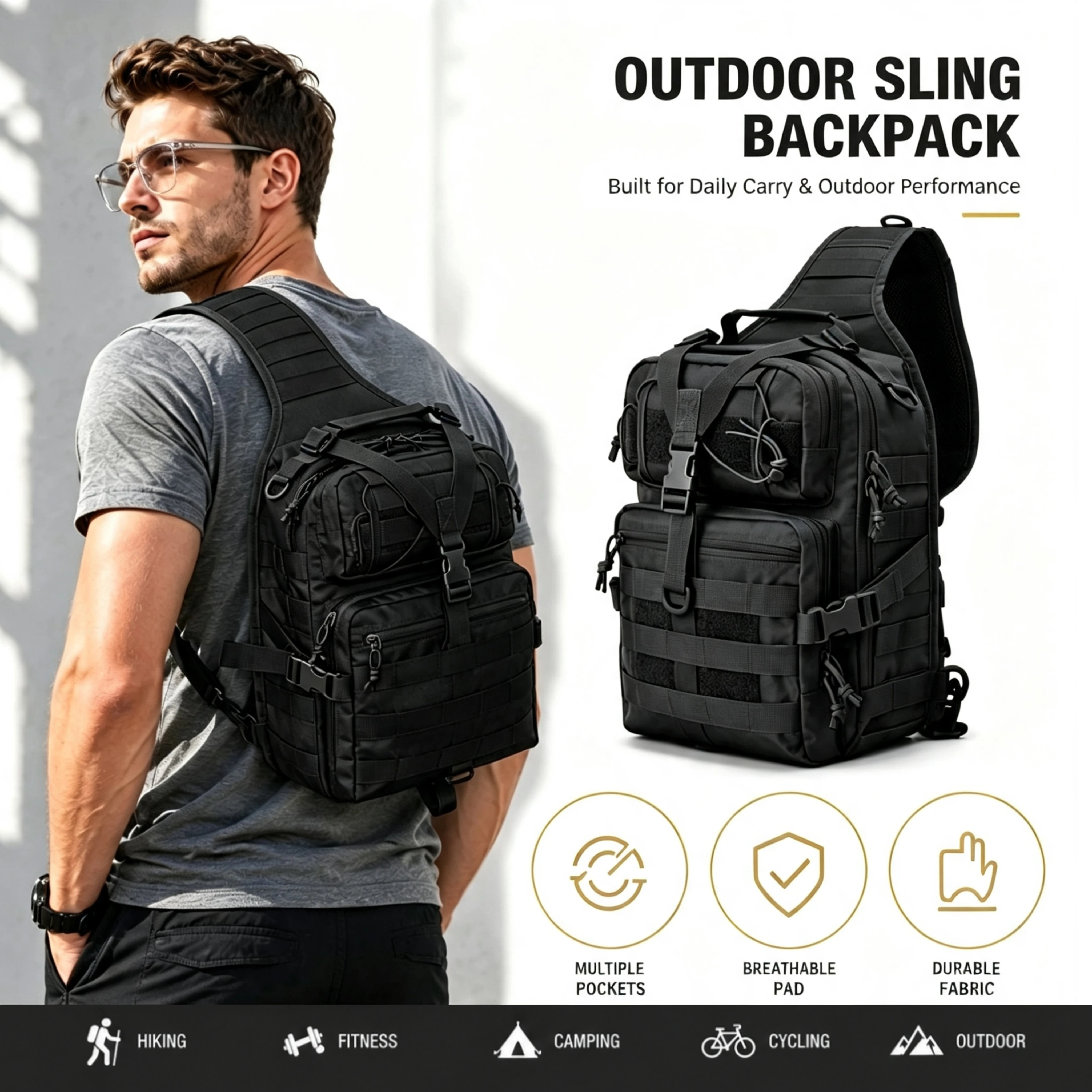 Taktische Umhängetasche für Herren, robuste Oxford-Brusttasche mit verstellbarem Riemen, geräumiger Alltags-Umhängetaschenrucksack zum Wandern, Ca – Detail 1