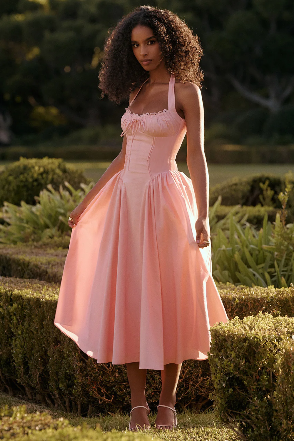 Elegant Floral Print Midi Sun Dress Vintage Corset High Waist