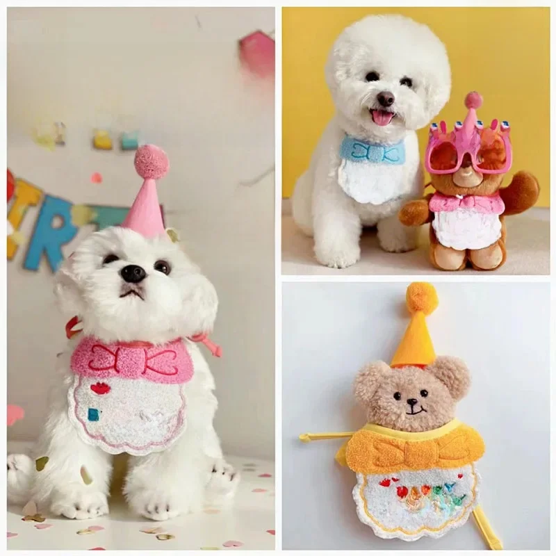 Ensemble de vêtements mignons pour chien et chat, bavoir d'anniversaire, chapeau de fête, bandana, écharpe réglable pour chiot et chat, fournitures de costume d'anniversaire pour animaux de compagnie