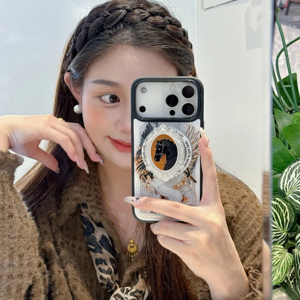 

Creative lines retro horse with magnetic holder mobile case, suitable for iPhone 14/15/16/17 Pro Max, shockproof protective case