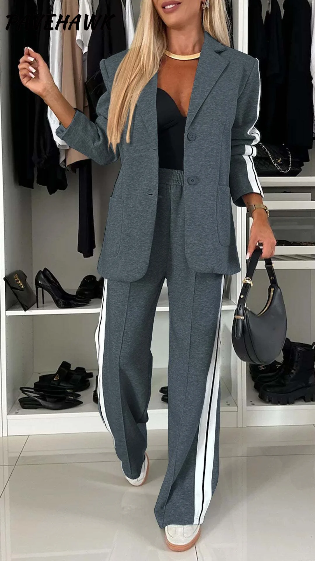 Women Blazer 2 Piece Sets Elegant Long Sleeve Autumn Winter Pimp Stitching Pants Suit Office Lady Single Breasted Female Outfits