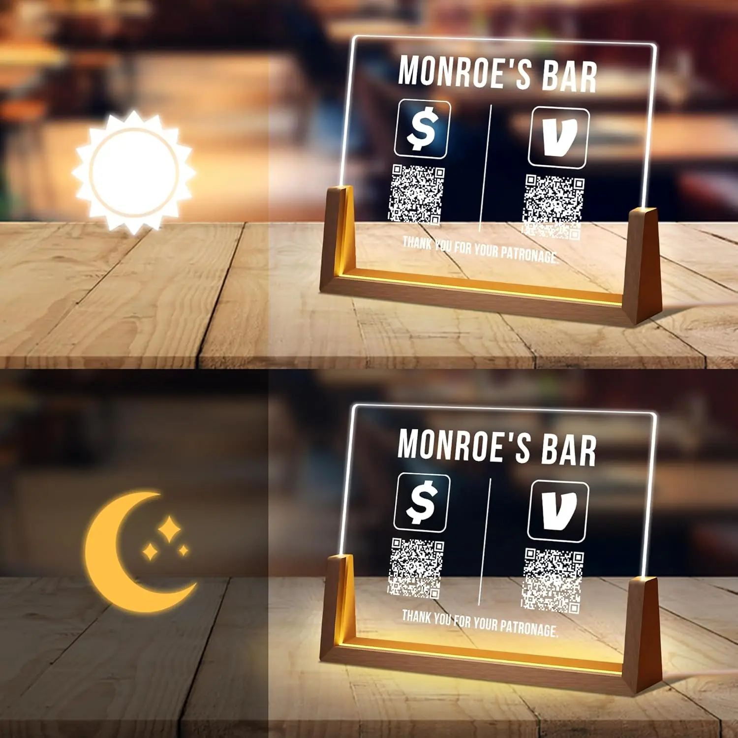 علامة رمز QR من الأكريليك مقاس 8 بوصة مخصصة للأعمال للمسح الضوئي للدفع، والوسائط الاجتماعية، وواي فاي، وعرض الباركود مع حامل أو قاعدة خشبية