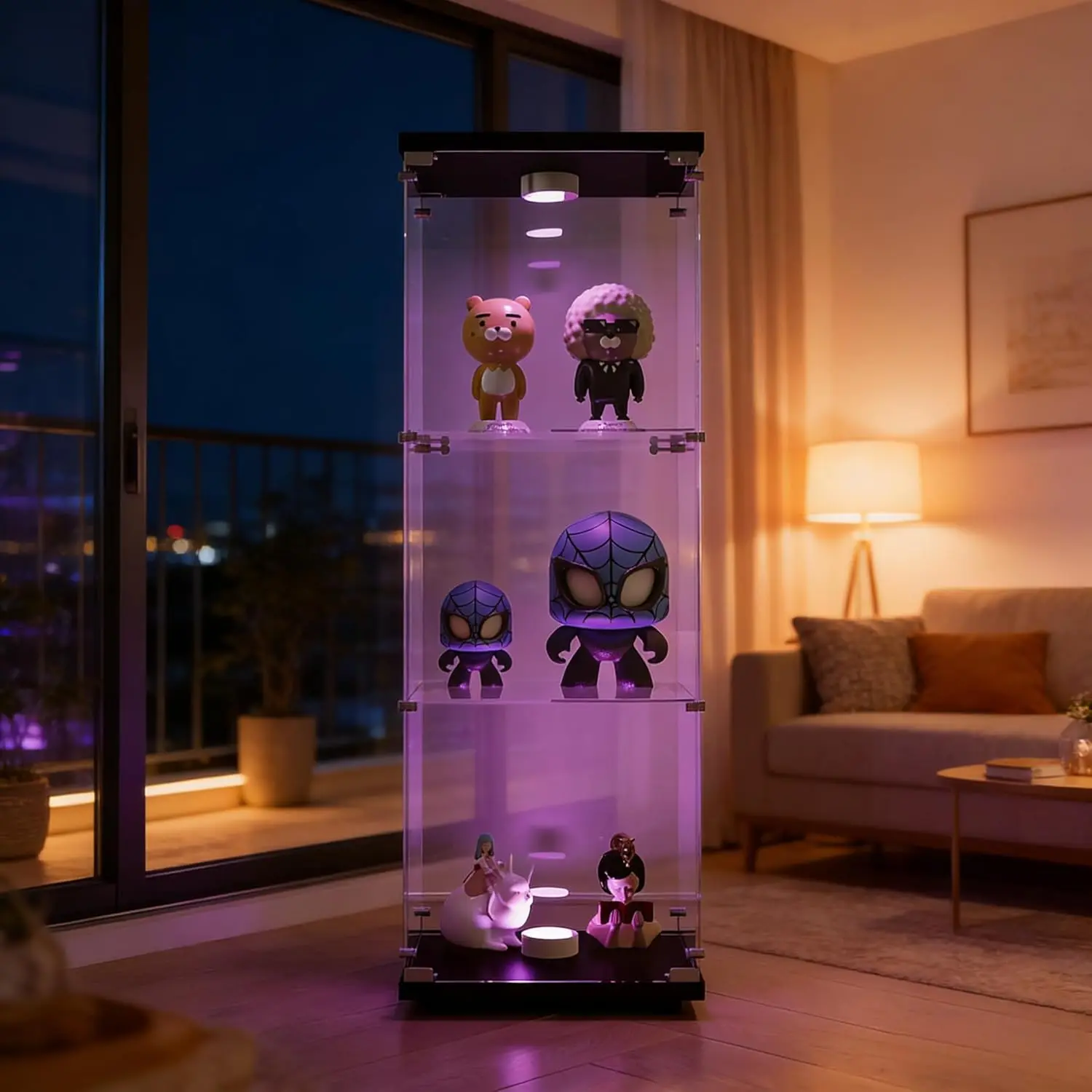 Vitrina de Vidrio LED de 3 Niveles Superaly, Vitrina Alta con Cerradura e Iluminación Integrada, Exhibidor Transparente para Coleccionables, Modelos, Juguetes y Botellas de Vino