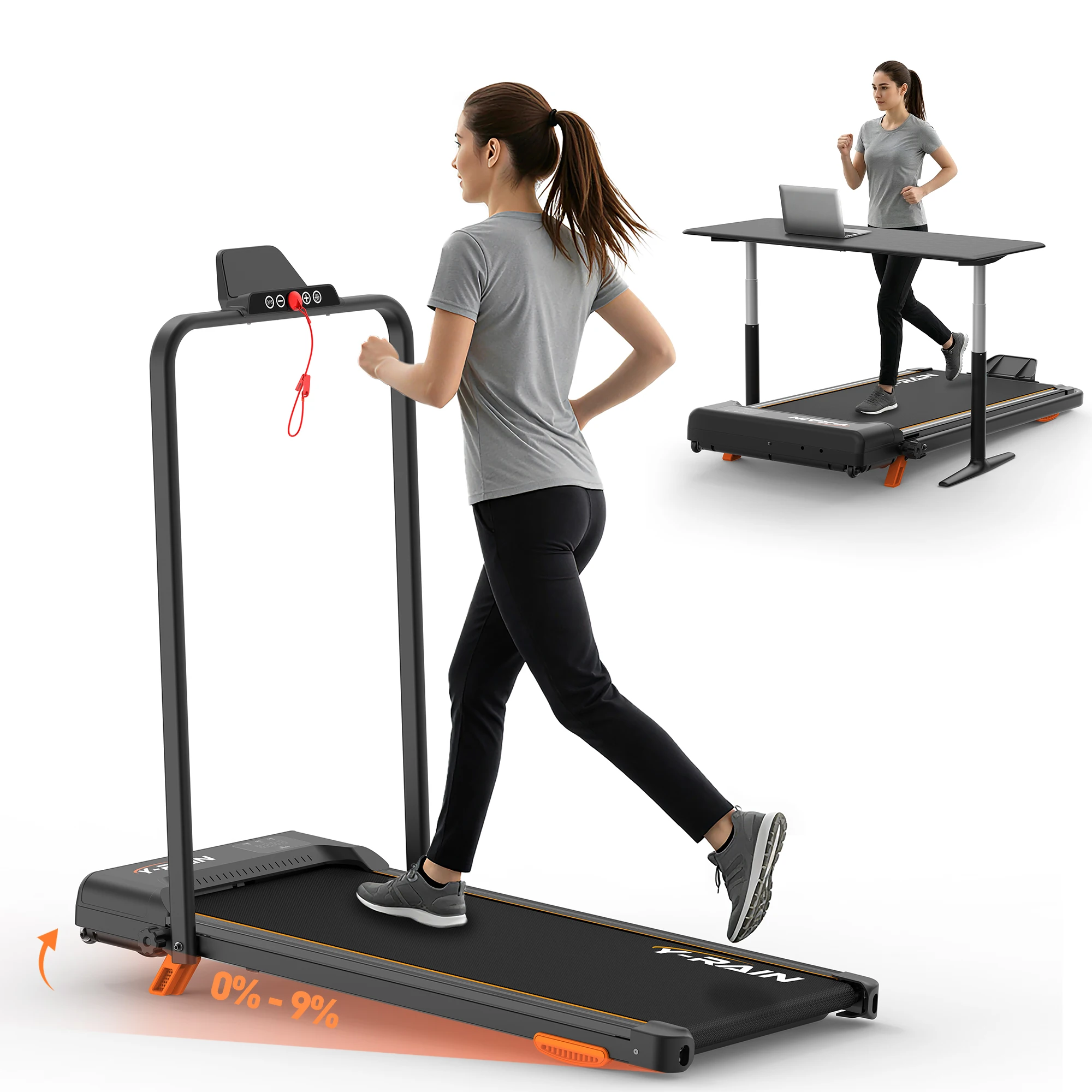 Tapis de course pliable 3 en 1 Y-RAIN avec inclinaison 0-9 %, moteur silencieux 3,0 CV, charge 150 kg, tapis de marche 1-12 km/h, tapis de course pliable avec télécommande, écran LED, pour la maison et le bureau, usage intérieur