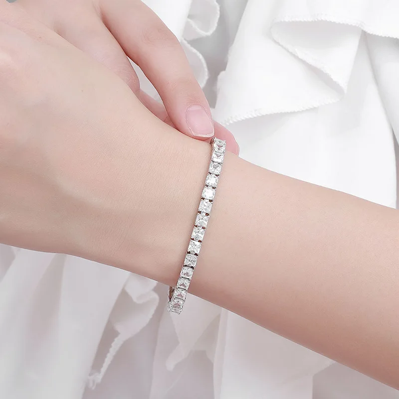 925 Sterling Silver 5mm Princess Cut Squar Shape Classic Cubic Zirconia CZ Tennis Bracelet 7 Inch Fine Jewelry