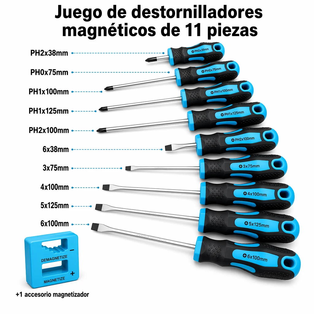 don feliz juego de destornilladores magneticos 11 piezas con accesorio de magnetizacion y desmagnetizacion mango antideslizante acero cromo-vanadio estuche cilindrico portatil