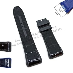 28mm Black Genuine Leather On Black and Navy Blue Rubber Silicone Watch Band Strap Compatible For Franck Muller V45