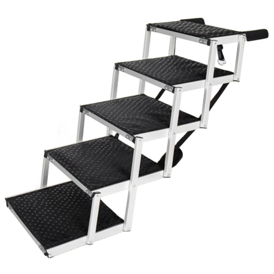 Opvouwbare aluminium hondenhelling met 5 treden, antislip oppervlak, zachte schuimhandgreep, extra stevig, draagt tot 110 kg, geschikt voor auto, vrachtwagen en hoge bedden