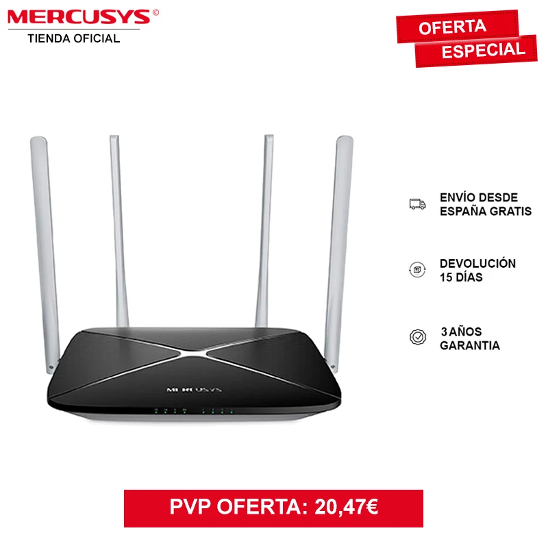 Mercusys AC12 WiFi Router, fast speed, dual band AC 1200Mbps, 2.4GHz (300Mbps) and 5GHz (867Mbps), 4 5dBi antennas