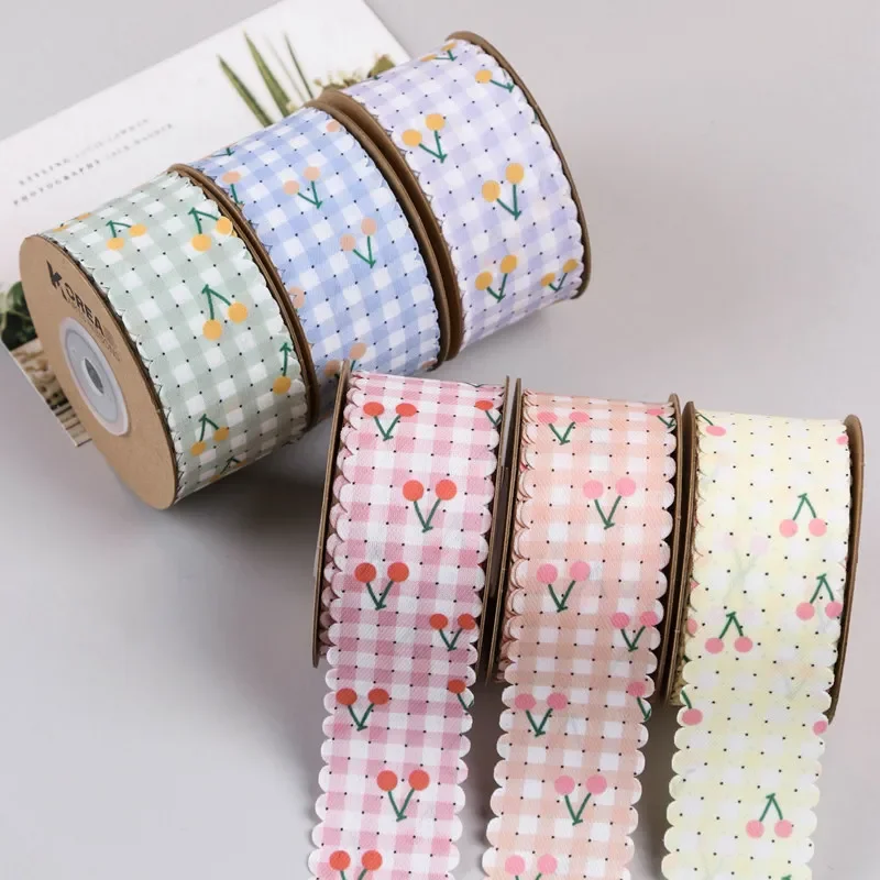 Ruban imprimé cerise 1 mètre, bricolage, nœud de 4cm, ornement de cheveux, col, chapeau, robe décorative en dentelle, garniture en dentelle à carreaux contrastés