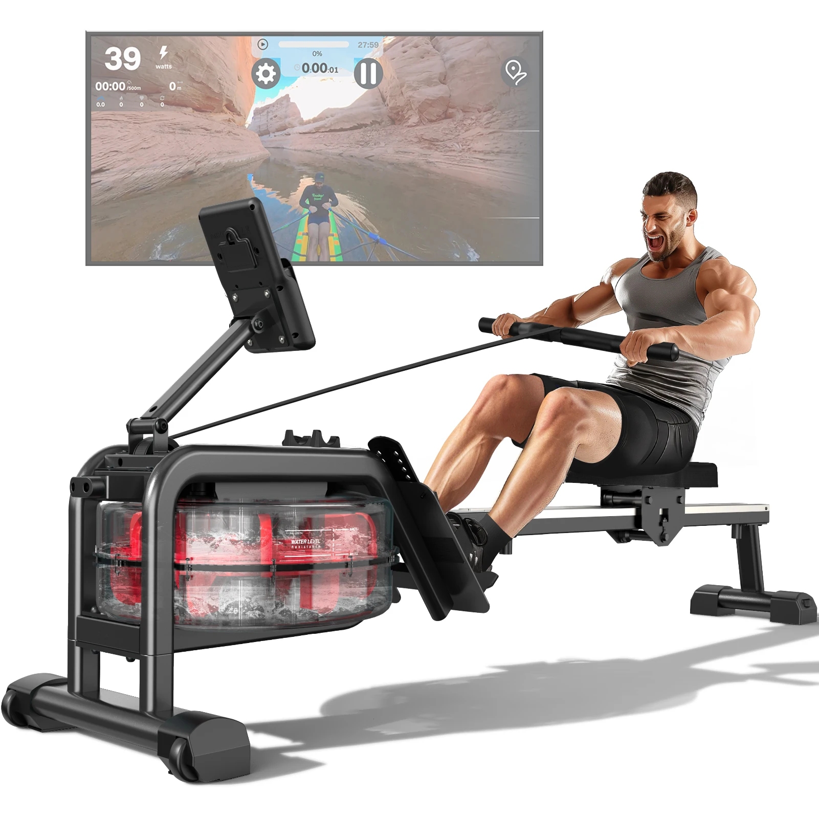 Opvouwbare Waterroeimachine Home Fitness Roeitrainer met Bluetooth-monitor, 160KG Max. belastbaarheid Indoor fitnessapparaat
