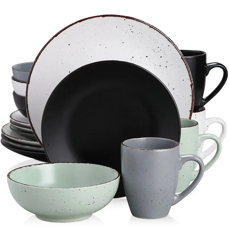 VANCASSO MODA 4/16/32/48 Piece Pottery Dinner Set Mix-Color Stoneware Tableware Set with Dinner Plate,Dessert Plate,Bowls,Cups