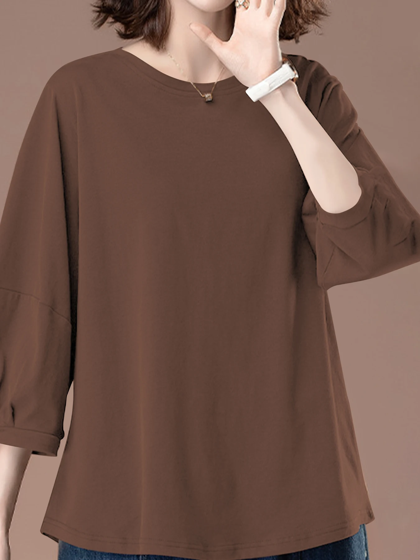 Damen-Tops mit 3/4-Ärmeln, Rundhalsausschnitt, lässig, trendig, lockere T-Shirts – Detail 18