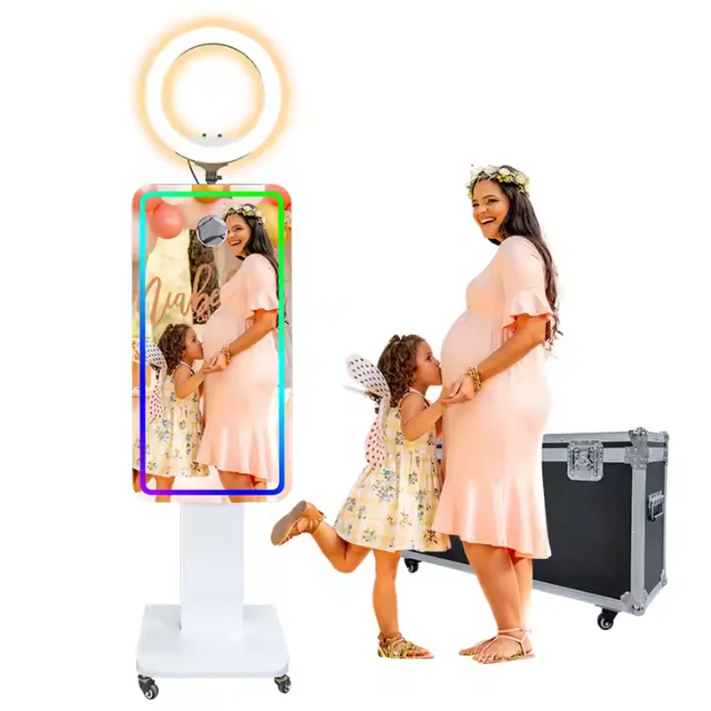 21.5 inch Portable Mirror Photo Booth Selfie Machine Touch Screen with Wheels and Flight Case for Party and Event