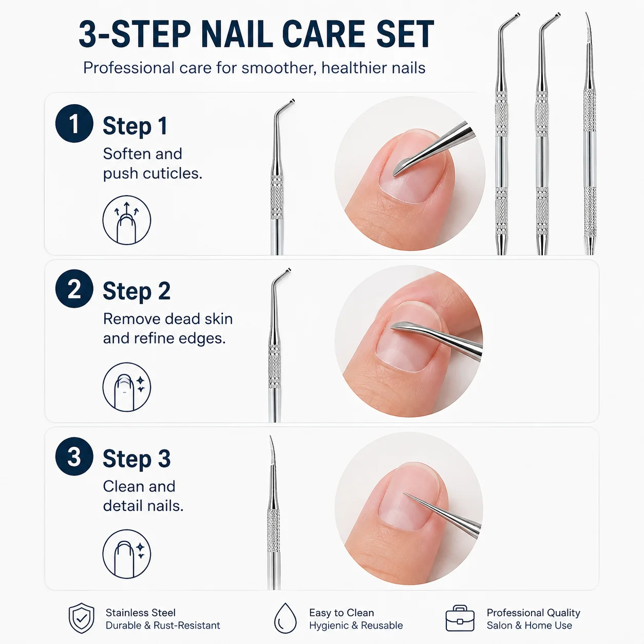 3PCS Manicure Tool Set Stainless Steel Nail Care Kit Cuticle Remover Pusher Nail File Dead Skin Cleaner Pedicure Tools for Fingernail Toenail Care