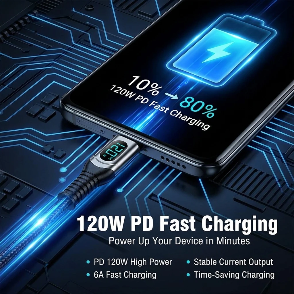 120W PD Fast Charging USB C Cable LED Power Display 6A Type C Data Sync Cord for iPhone 17 16 15 Pro Max Samsung Xiaomi