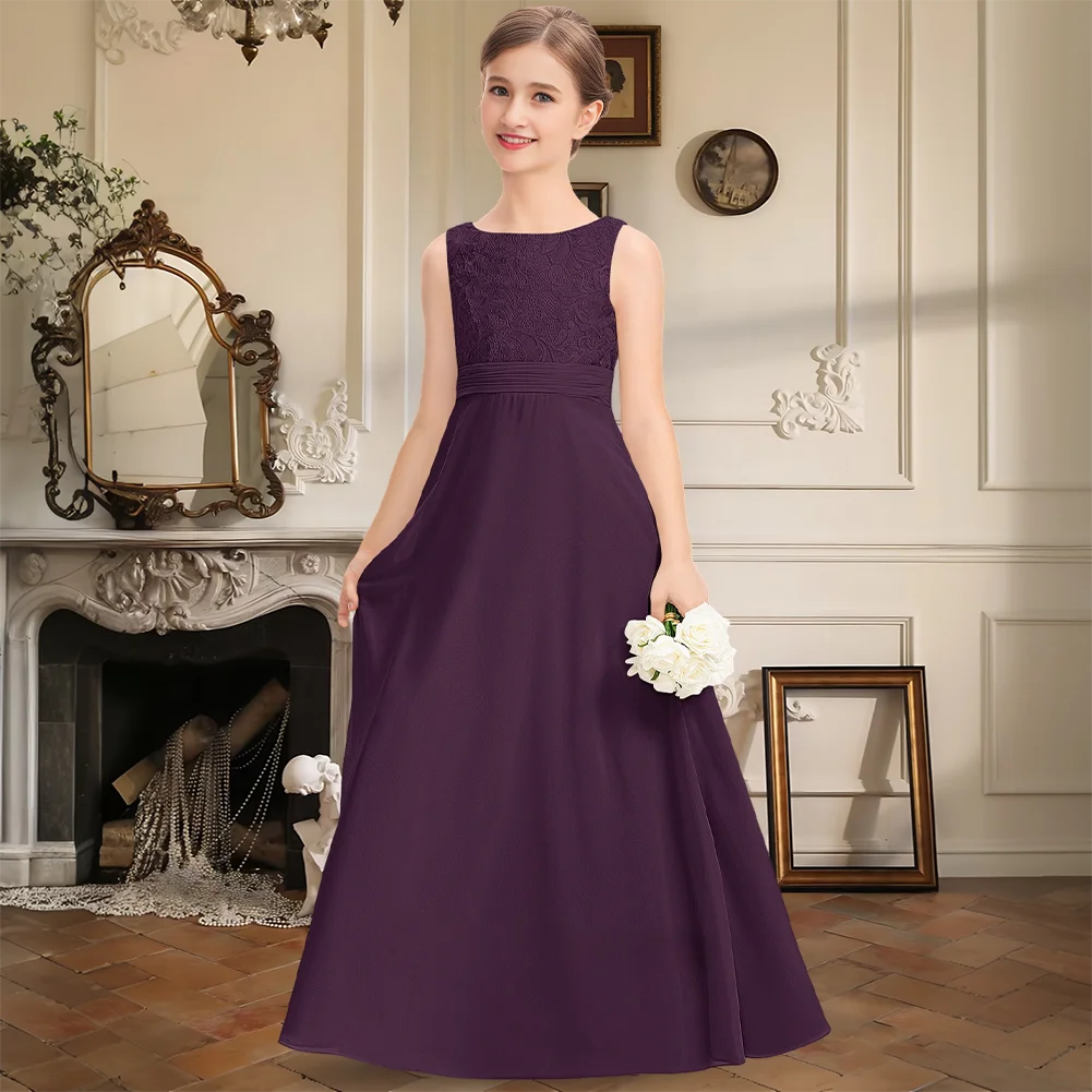 

Elegant Junior Bridesmaid Dress Lace Scoop Chiffon A Line Floor Length Flower Girl Dress Girls Formal Wedding Party Dresses