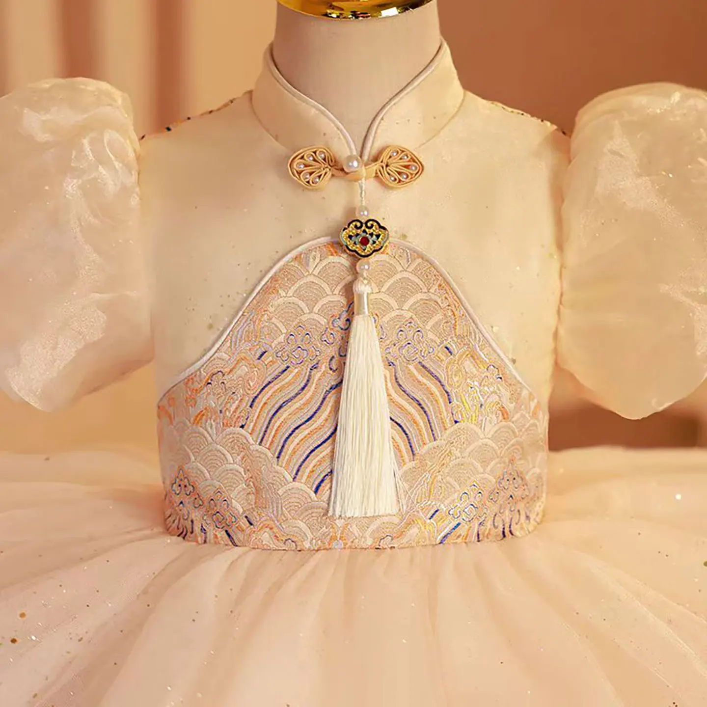 Dreamy D003 Vow Elegante stile cinese con nappe a strati in tulle a fiori con maniche a sbuffo per bambini, matrimonio, compleanno, festa, abito da ballo