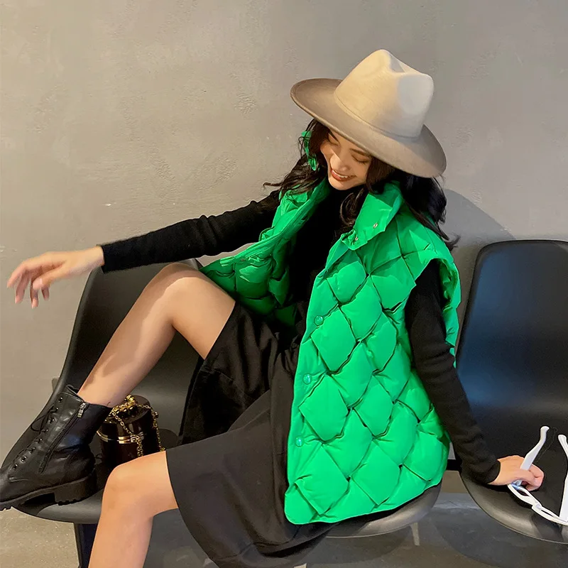 

White Duck Down Vest High Street Knitted Sleeveless Autumn Winter Fashion Green Puffer jacket Loose Outerwear Warm Waistcoat New