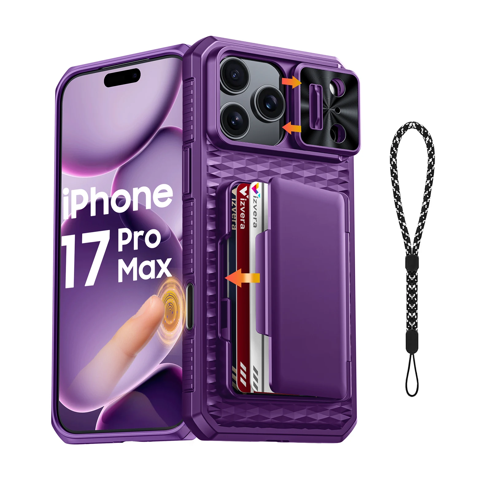For iPhone 17 Pro Max With Card Holder Sliding Camera Cover And Stand Phone Case, Anti-Fall PC+TPU Wallet Case-Orange
