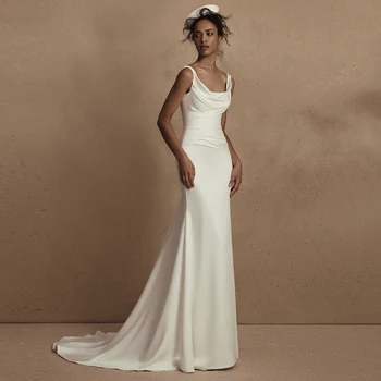 فستان زفاف بسيط من الساتان الأبيض للنساء ، رقبة مربعة مستقيمة ، فساتين حفلات أنيقة ، ملابس رسمية ، طوى ، فستان خطوبة