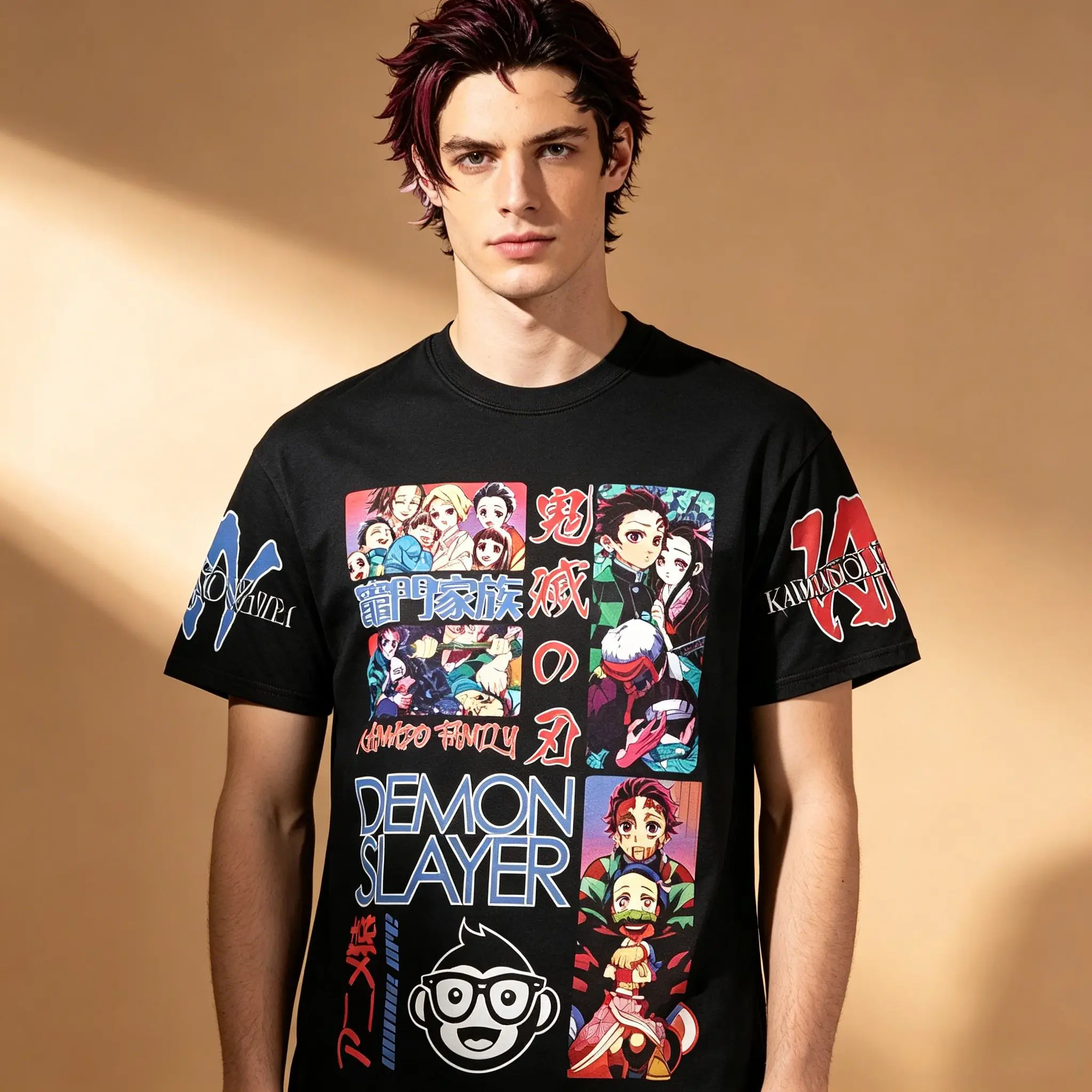 Herren Demon Slayer Kamado Family T-Shirt mit passendem Grafikdruck vorne und hinten, Tanjiro Nezuko Anime Otaku Streetwear Kurzarm Casual
