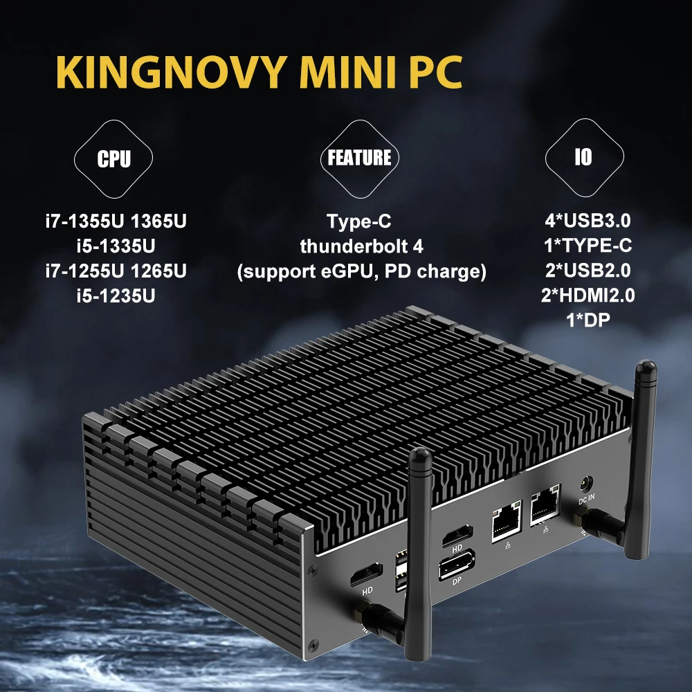 Mini PC Fanless Industrial Computer Desktop Intel Core i7 1355U i5 1335U Metal Case 2xGigabit Ethernet 4xUSB3.2 2xHDMI 2xUSB 2.0