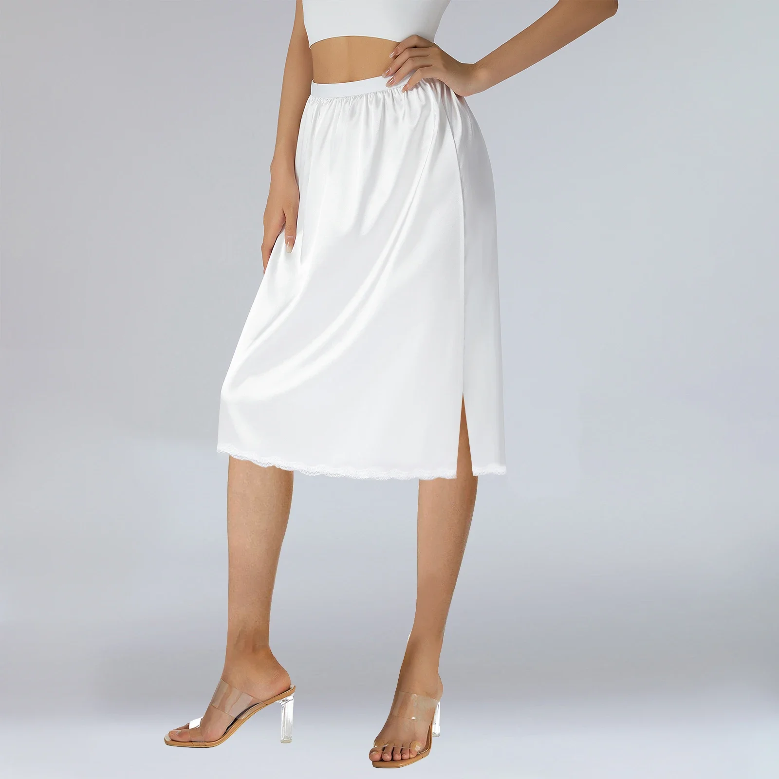 Satin Unterrock Damen einfarbig elastische Taille Spitze Trim Rock für Unter kleider