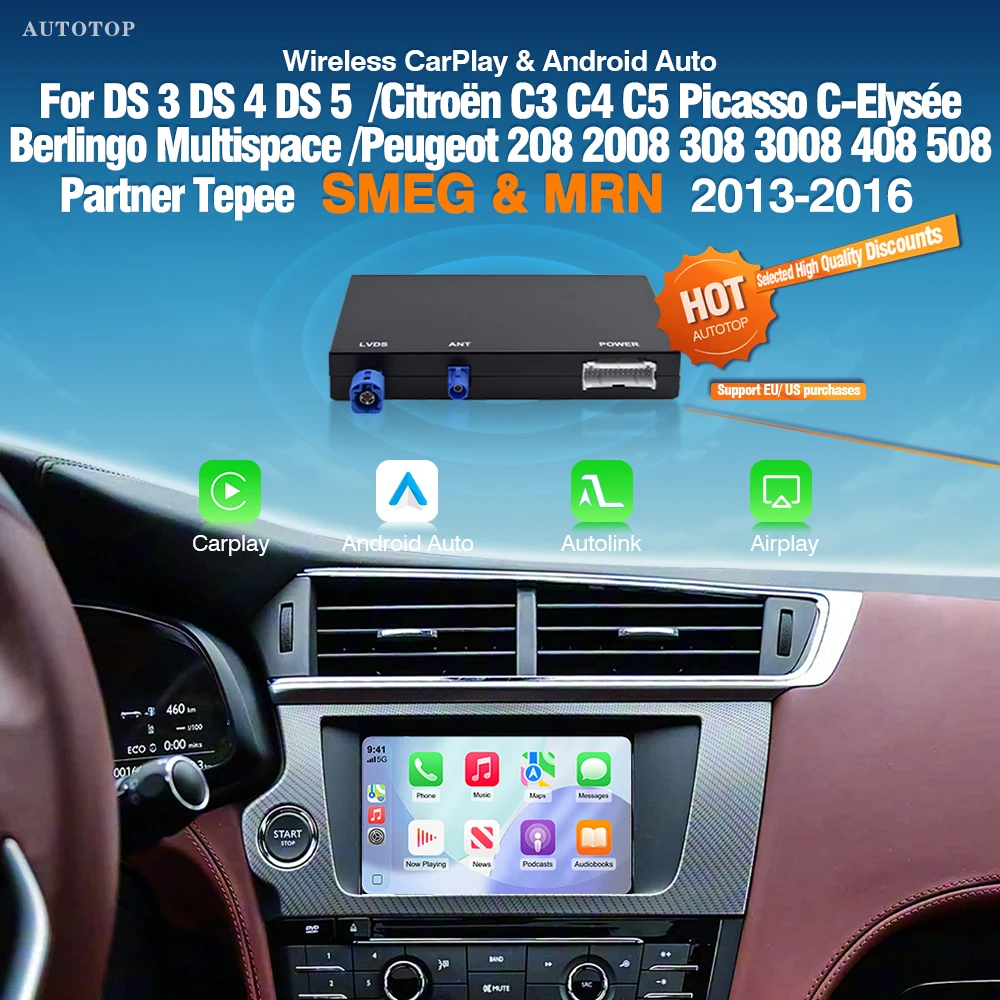 AUTOTOP CarPlay sans fil Android Auto pour DS3 DS4 DS5 Peugeot Citroën SMEG C3 C4 C5 Picasso C-Elysee 208 308 508 208 3008 5008