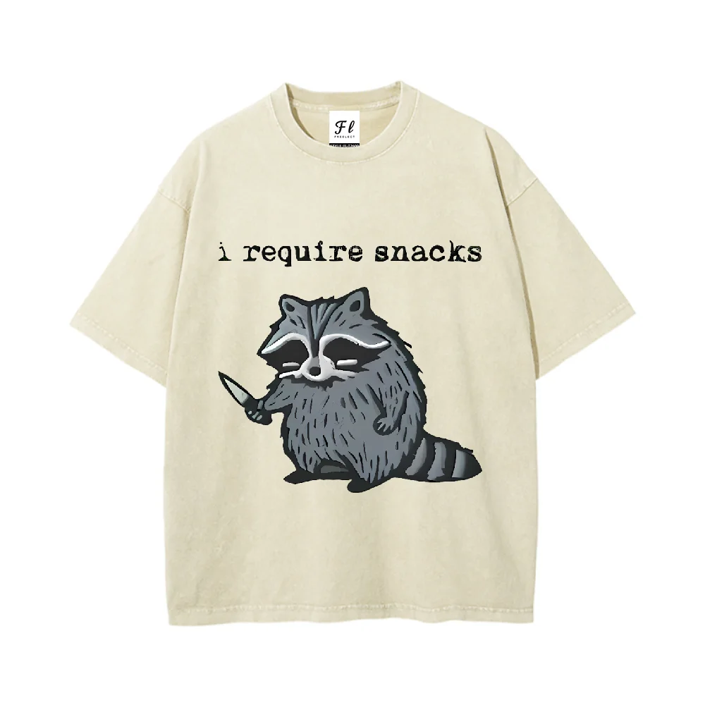 Cartoon Raccoon Printed Casual Cotton T Shirt I Require Snacks Graphic Tee for Men Women Trendy Loose Fit Short Sleeve Top Daily