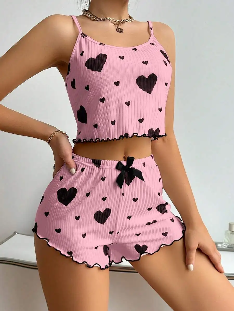 Faux Cotton Pajamas for Women Summer Heart Print Sexy Sleepwear O-neck Pyjama Top Shorts 2-piece Soft Sleeveless Nightwear