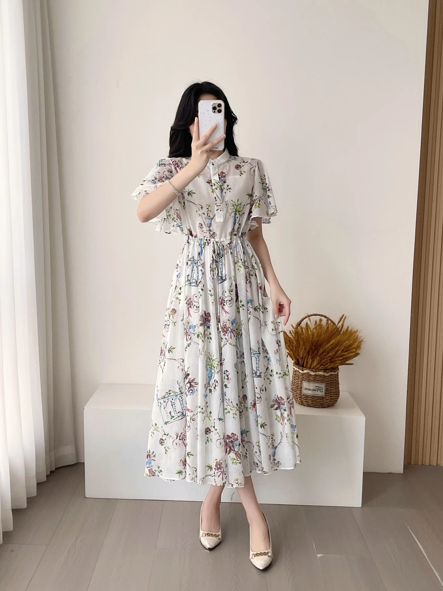 Women Lady New Summer Print Flower Floral Pure Cotton Ruffle Ruched Drawstring Waist Big Hemline Daily Brief Long Pleated Dress