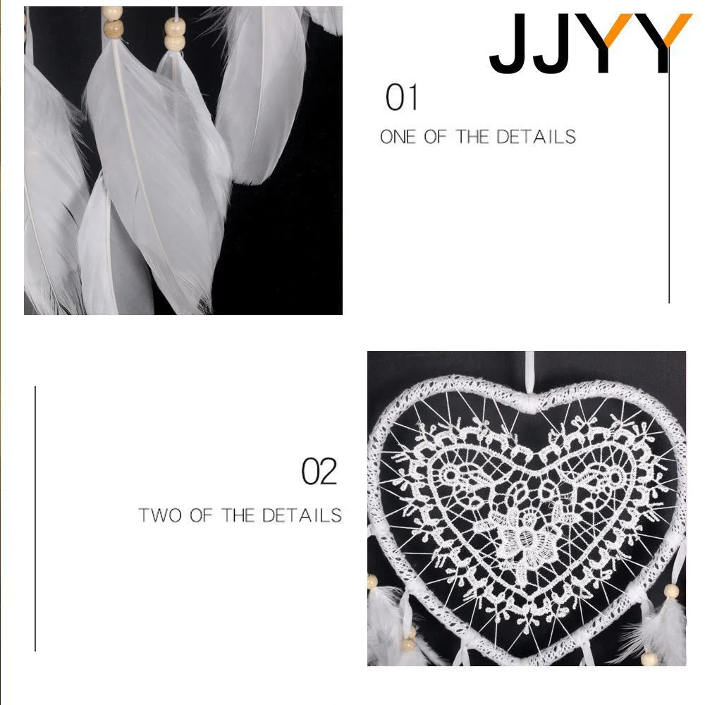 JJYY Peach Heart Dream Catcher Decoration Pendant White Feather Handmade Home Decoration Wall