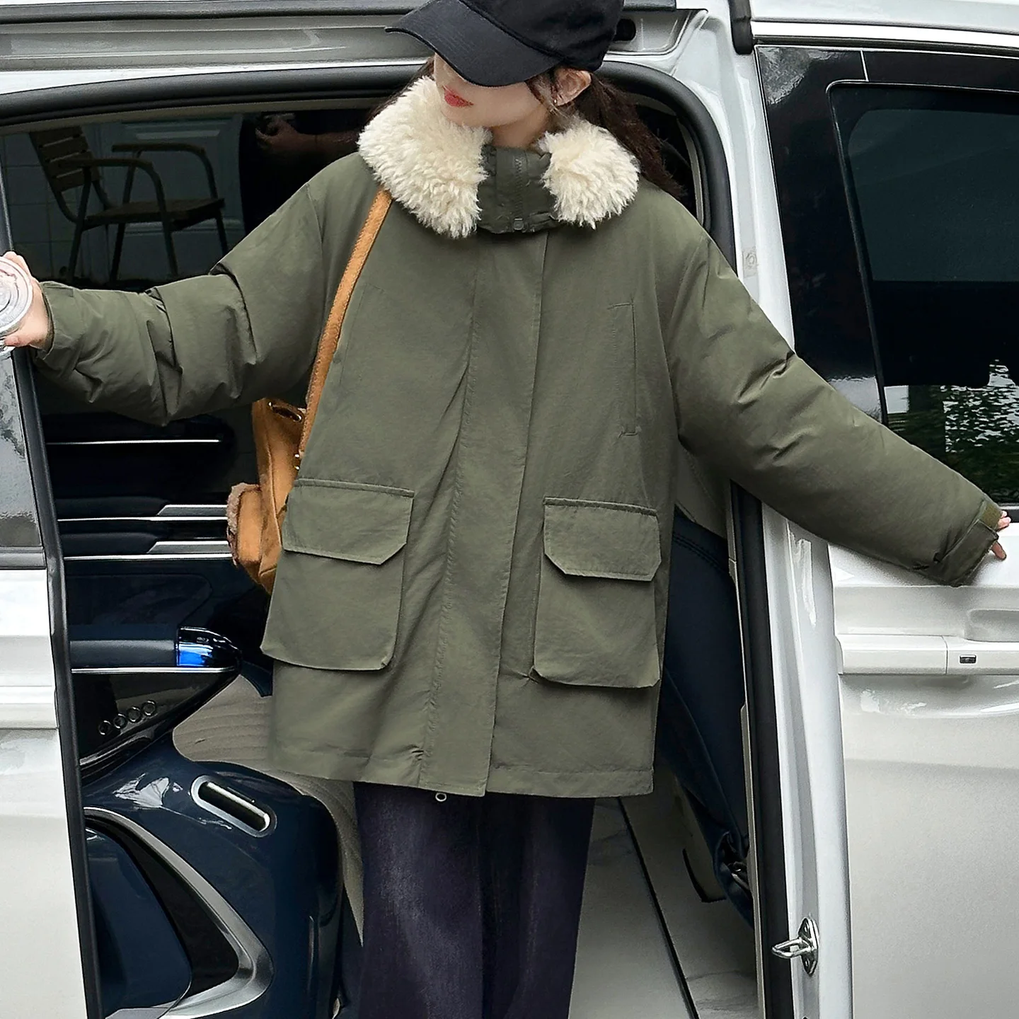معطف سترة باللون الأخضر العسكري للفتيات مع بطانة وياقة من الفرو الصناعي، ملابس خارجية شتوية دافئة مع جيوب، سترة عصرية للفتيات #3