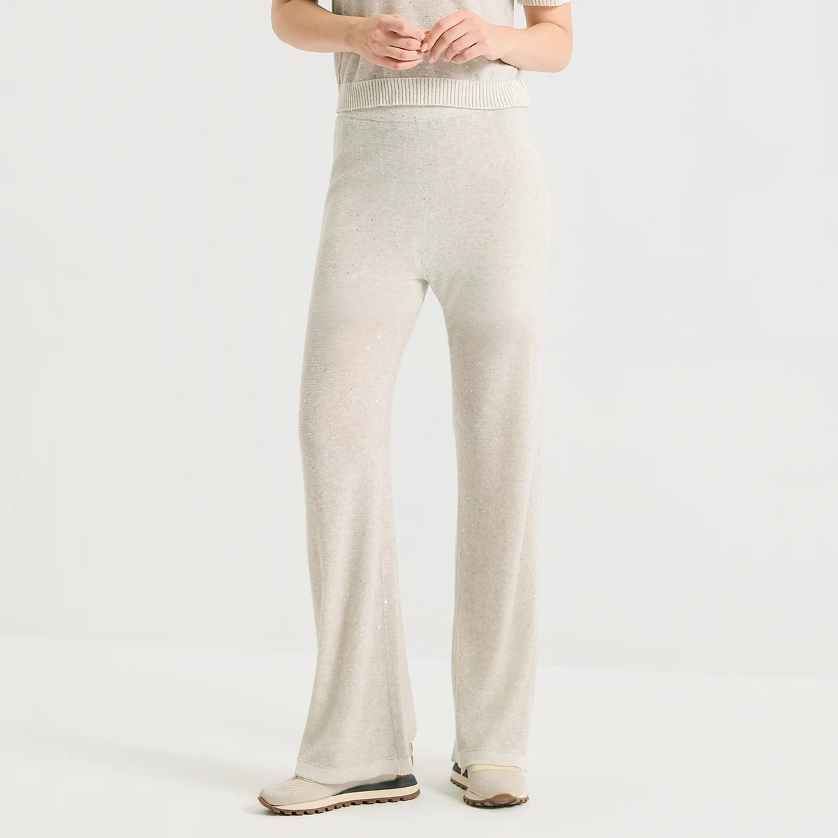 BY4611487 High End Sequin Silk Linen Blend Pants Women's Luxury Wide Leg Knitwear Chic Shiny Party Loose Knit Trousers