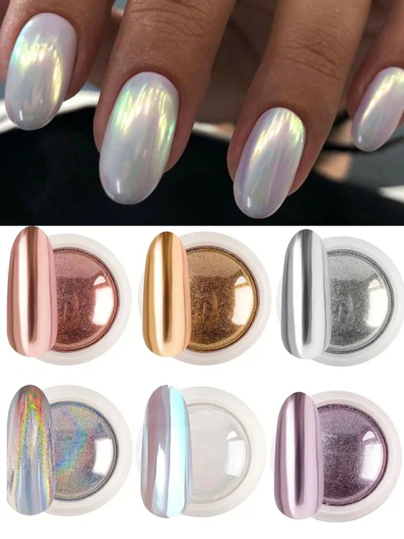 크롬 네일 파우더 세트, 글리터 미러 효과 네일 아트 디자인, 3D 홀로그램 오로라, 무지개 빛깔의 먼지 네일 파우더, 화이트 Ch, 6 가지 색상