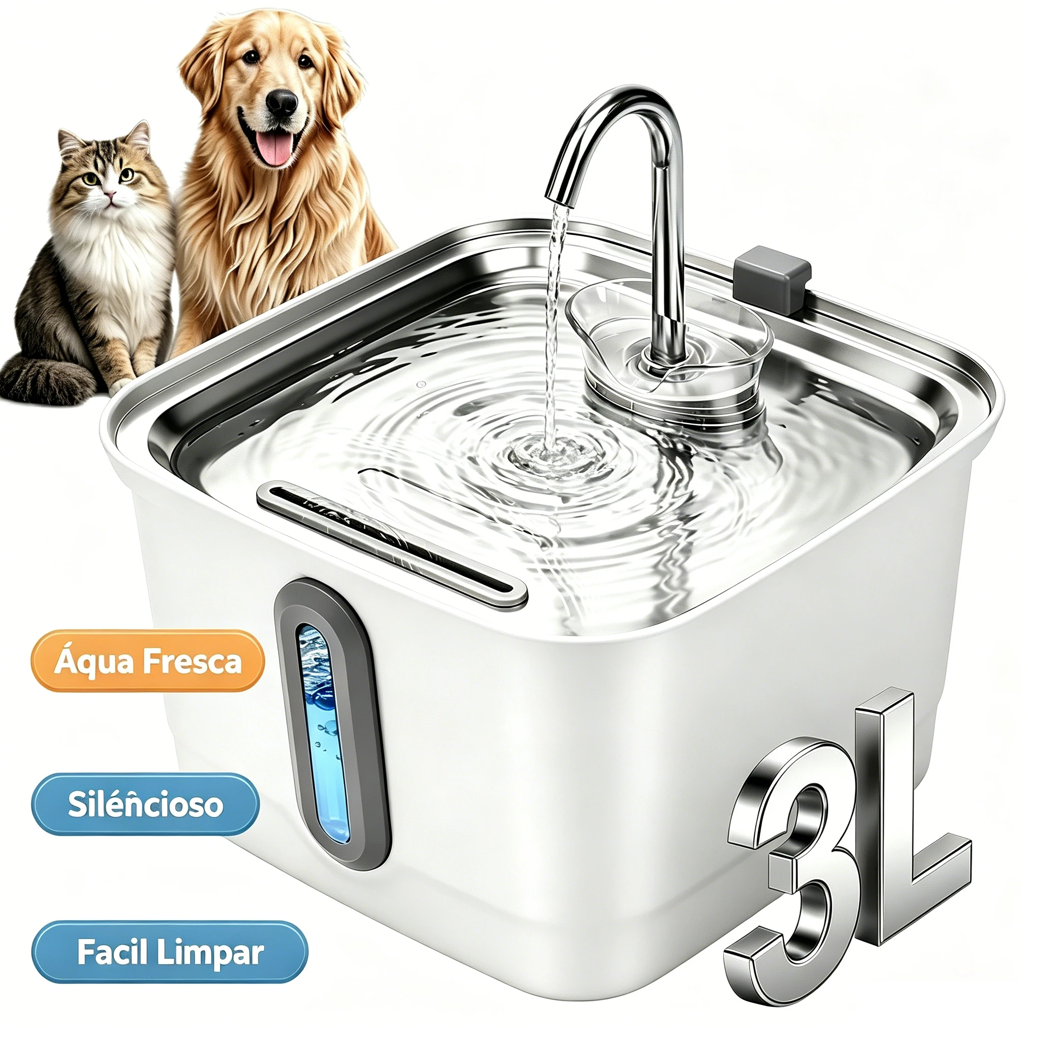 Dispensador automático de água para animais de estimação, 3l, aço inoxidável, com filtro, fonte de janela visual, portátil, silencioso, alimentador de água para cães e gatos