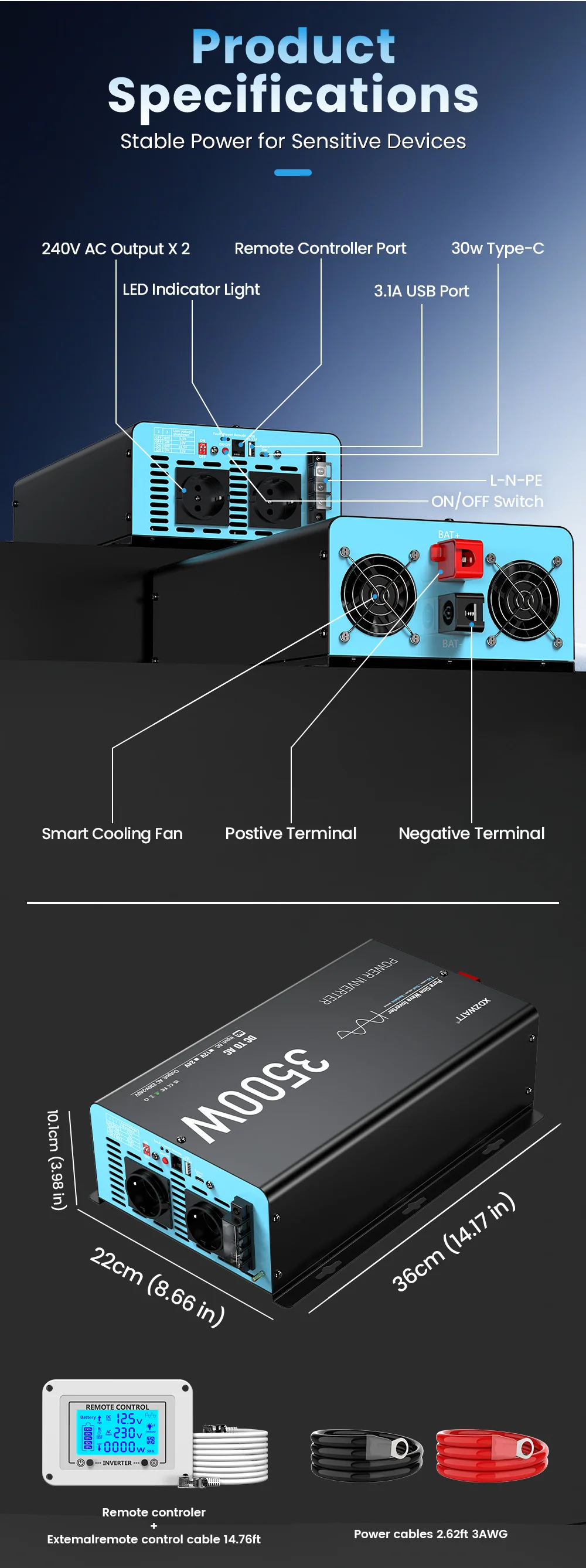Reiner Sinus-Wechselrichter DC 12V AC 230V 3500W Nennleistung 7000W Spitzenleistung LCD-Display Fernbedienung USB RV Auto-Konverter Camping – Detail 5