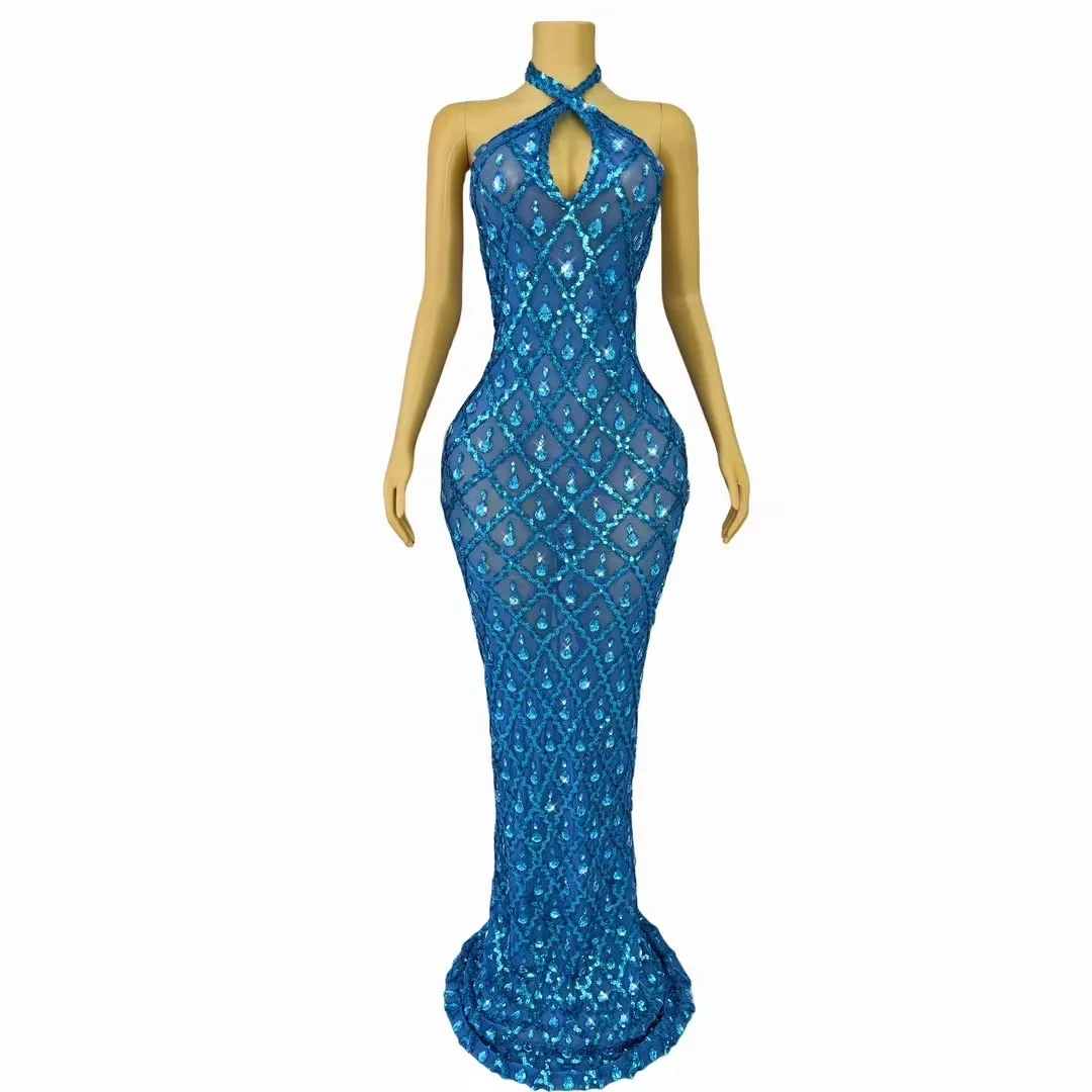 Women Sexy Halter Mesh Crystal Diamonds Maxi Long Dress Birthday Party Costume Bar Nightclub Singer Stage Performance Dresses