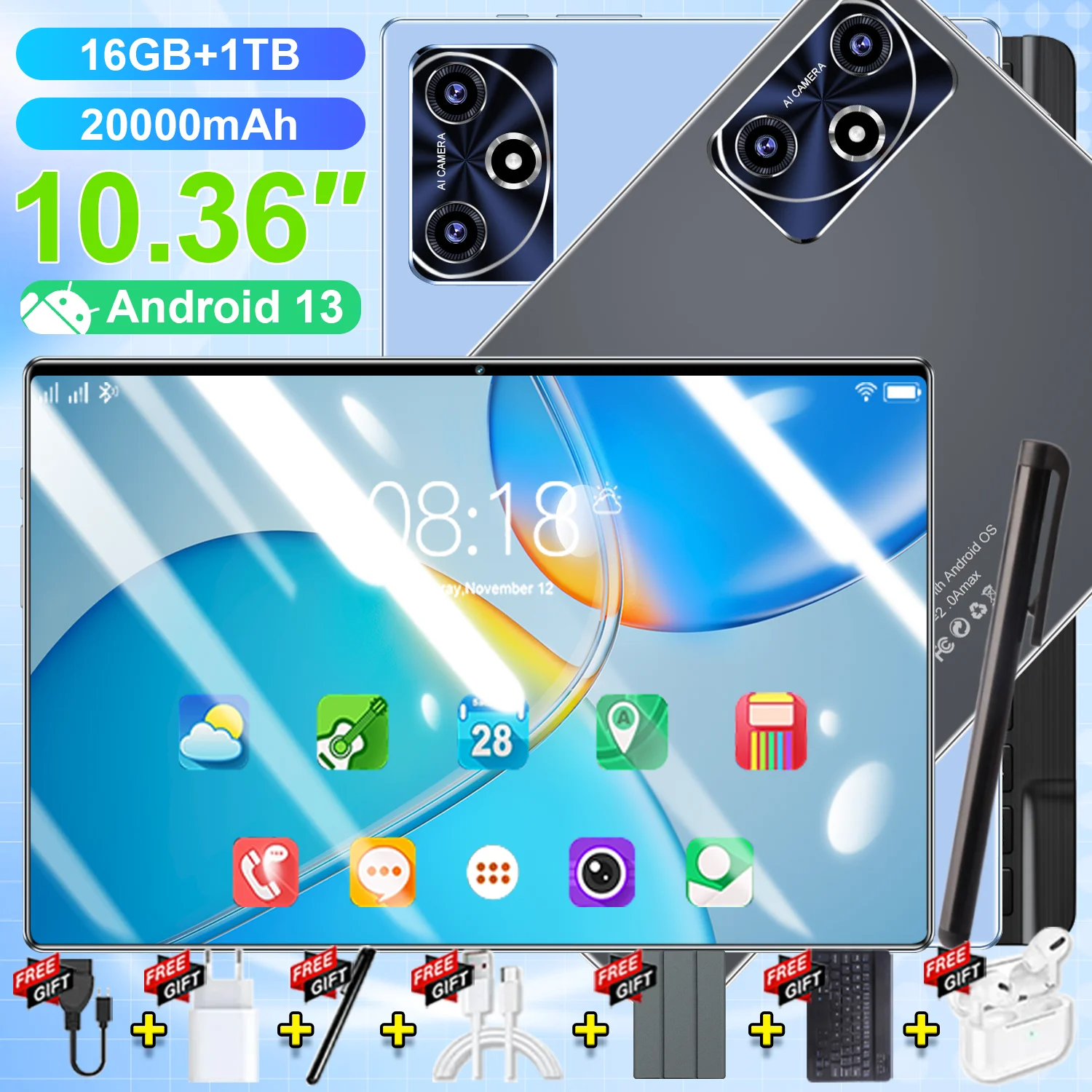 Tablet PC de 10.36 Pulgadas, Android 13, Cámara Dual, Doble SIM, Tablets 5G, 14 Núcleos, 16 GB de RAM + 1 TB de ROM, Google Play