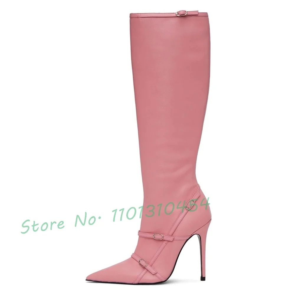 Pink Cross Strap High Boots Women Pointed Toe Elegant Leather Belt Buckle Knee High Boots Fashion Splicing Women Outfit Shoes