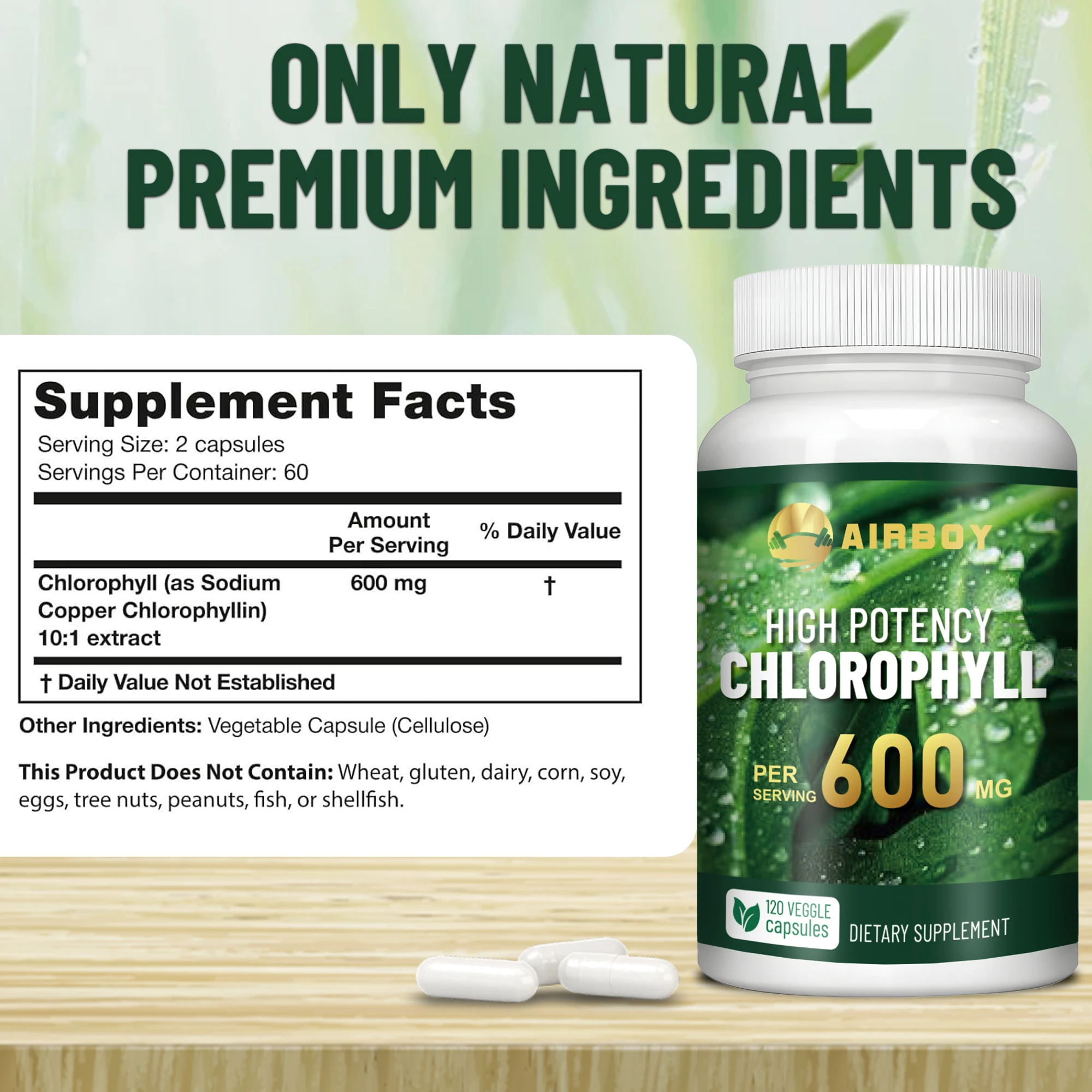 Chlorophyll Supplement 600mg - Smelling Breath, Skin Health, Remove Body Odor Naturally - 120 Capsules