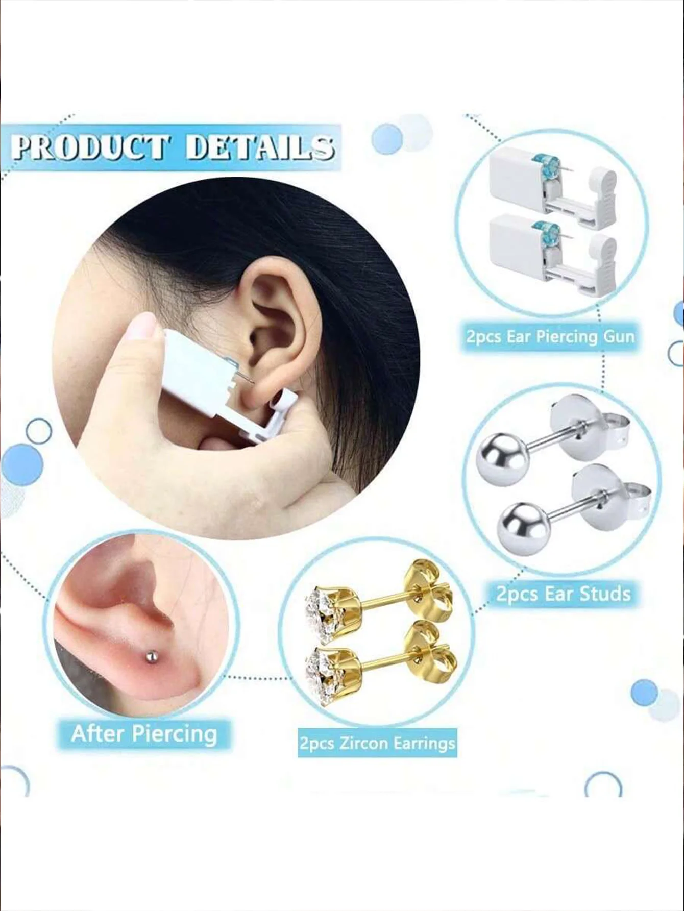 

1 disposable ear piercing gun set with 4mm gold earrings and earrings, home ear piercing tool