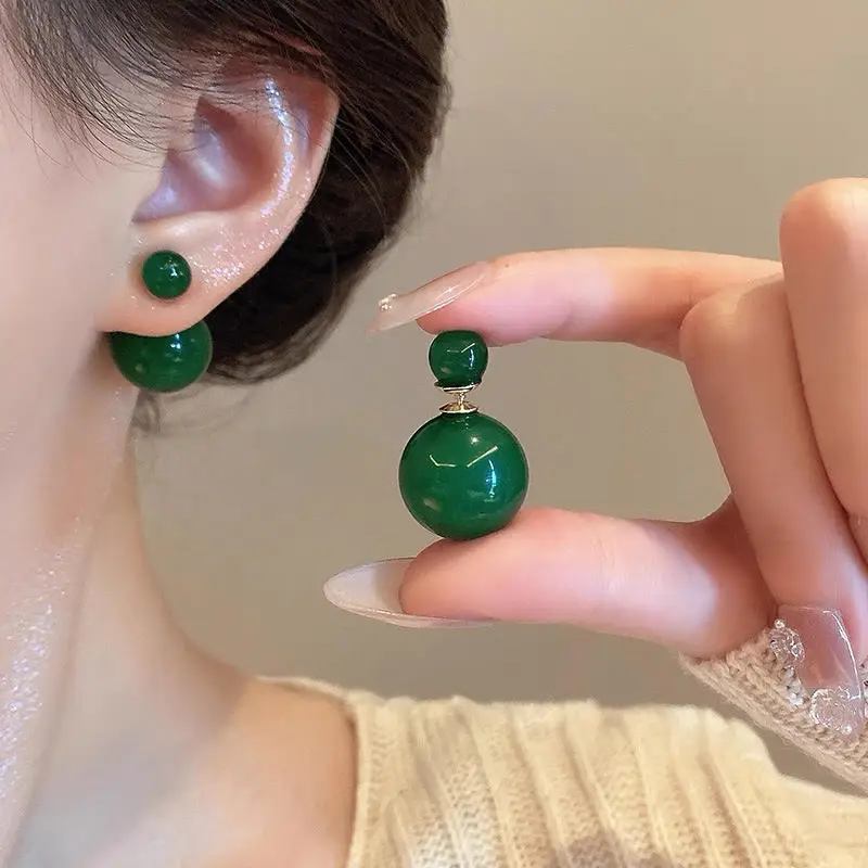 

Luxury Jade Orb Drop Earrings – Minimalist Double Ball Design in Deep Emerald Green