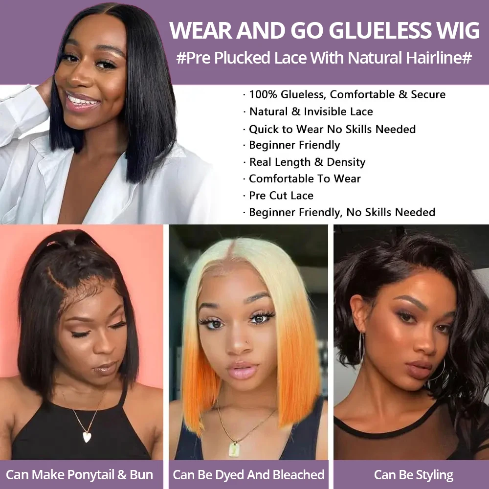 Wear And Go 13x4 Glueless Bob Wigs Human Hair 7x5 Straight 180 Density Pre Cut Lace Front Wigs Upgraded No Glue For Women Sale