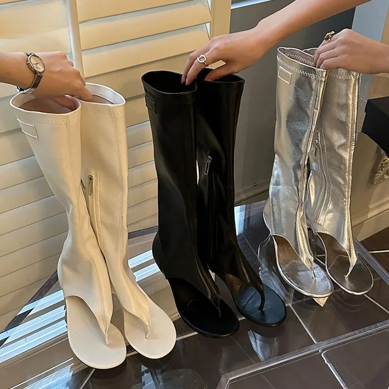 Mode talon bas dames genou bottes hautes chaussures avec fermetures à glissière chaussures bout ouvert femmes sandales à talons chaussons femmes tongs
