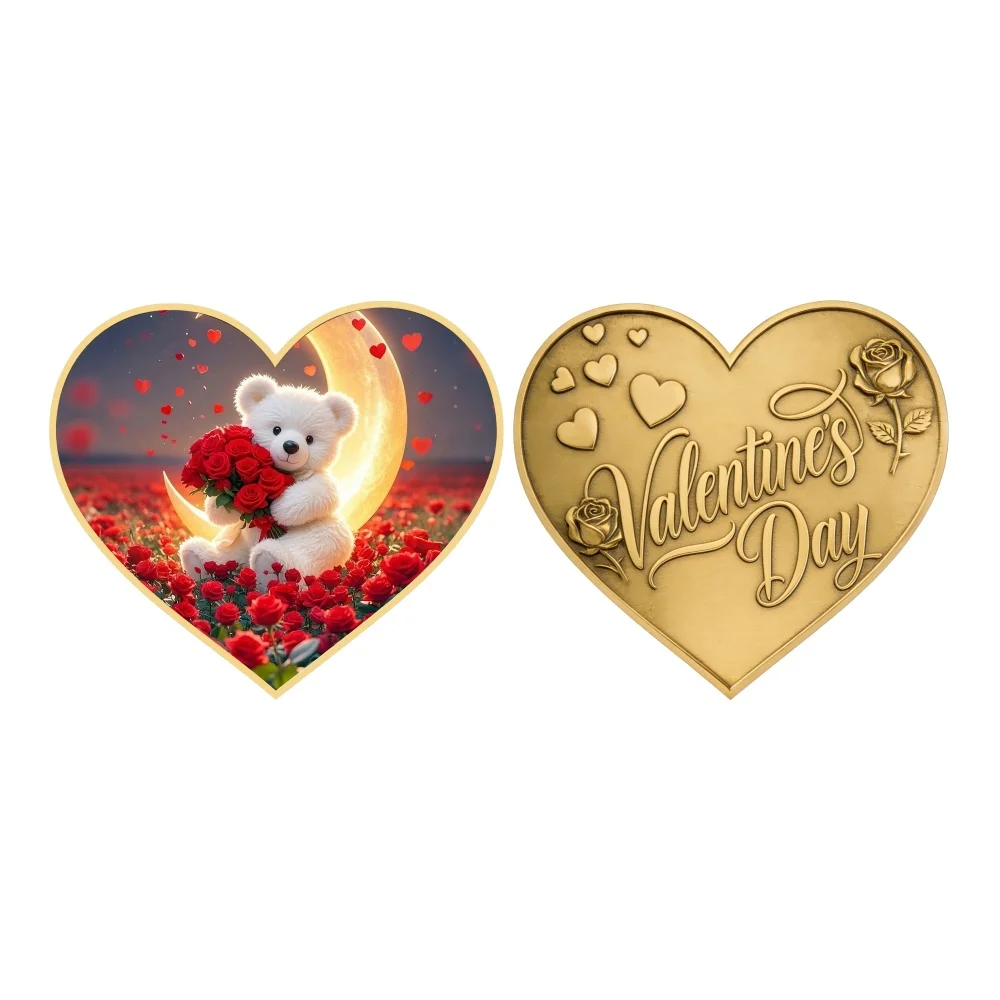 Wholesale Valentine's Day Heart Shape Gold Plated Coin Assorted Designs Teddy Bear/Cupid Lover Gift Collectible Crafts Souvenir